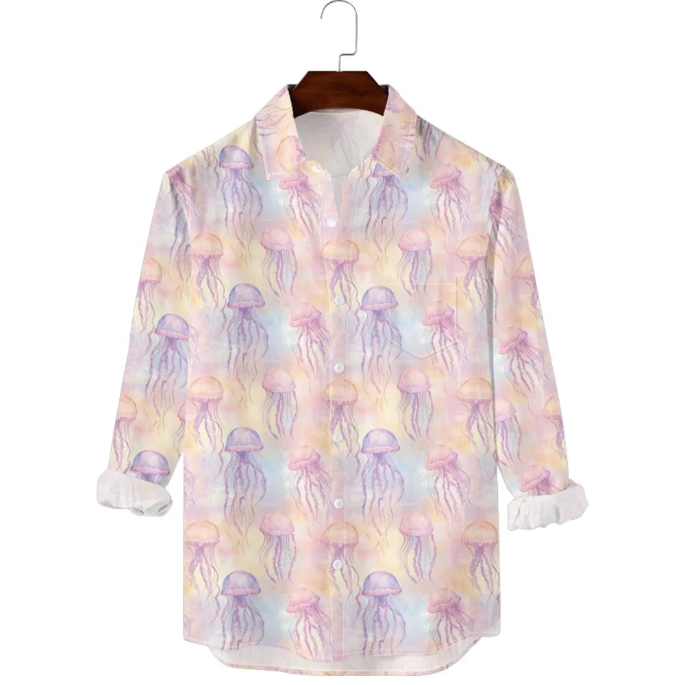 Hawaiian Men Shirts Fish Swarm Fishbone Print Full Sleeve Casual Button Up Beach Parties Travel Poolside Ocean Punk Fusion Shirt