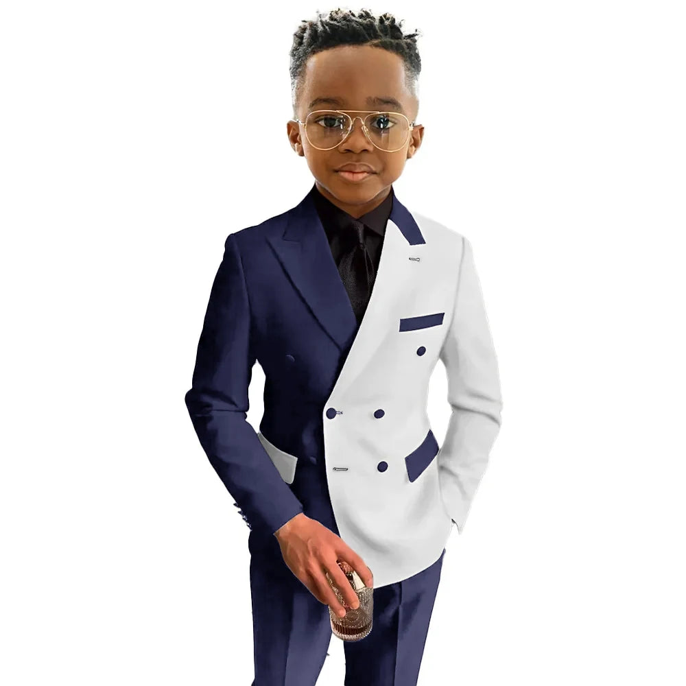 Traje de niño blanco y azul real, conjunto de 2 piezas, esmoquin para fiesta de moda y boda, blazer para niños de 3 a 16 años, ropa de doble botonadura