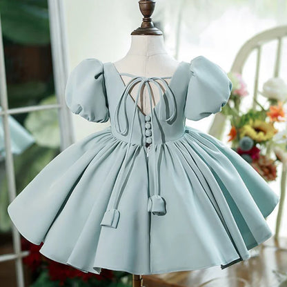 Nuevo vestido de fiesta de cumpleaños para niña con mangas de burbuja de color sólido, vestido de princesa para anfitriona infantil, vestido de boda floral abullonado para niños