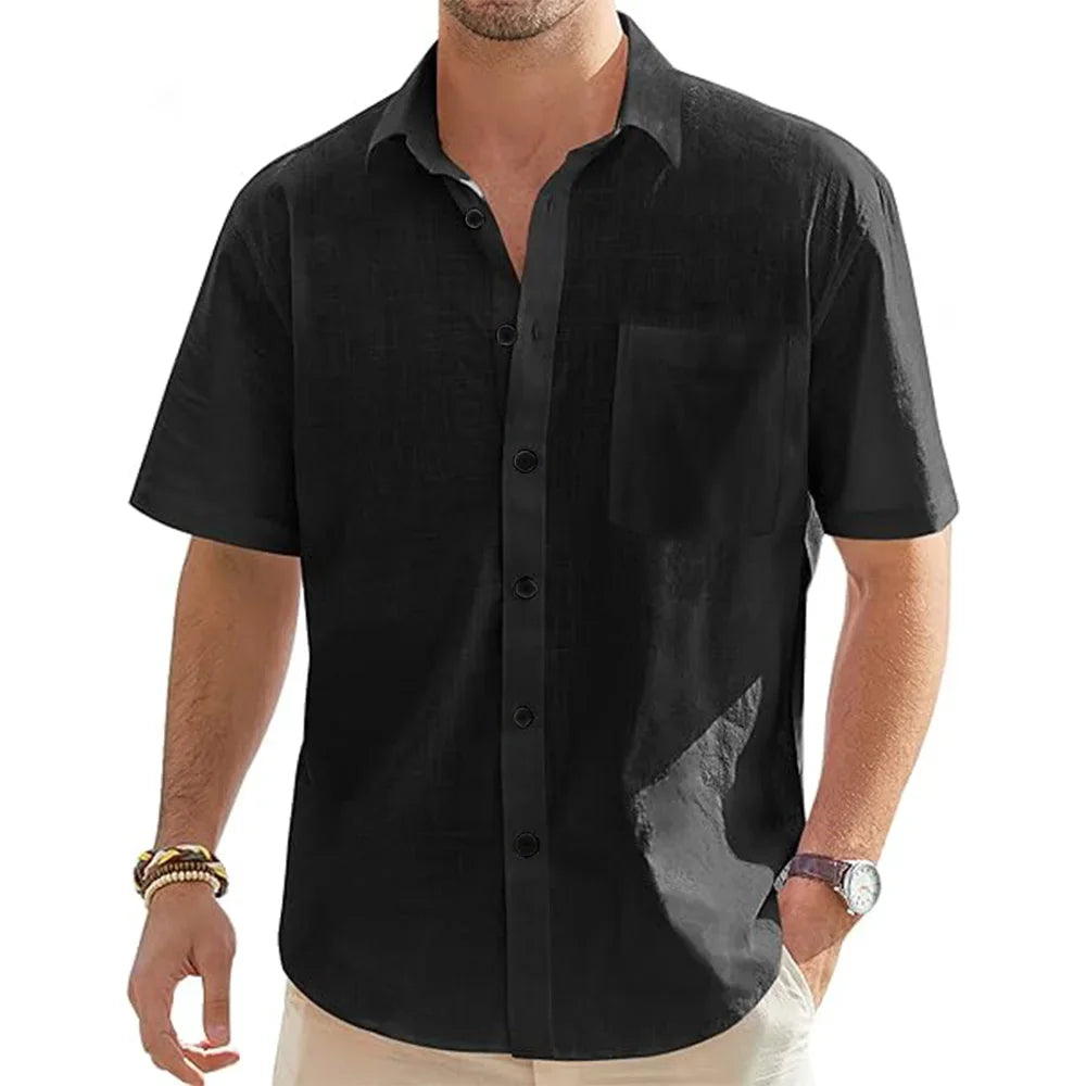 New Men's Shirts Cotton Linen Short-sleeved Single-breasted Shirts Men's Holiday Beach Shirts Streetwear Solid Colour Tops