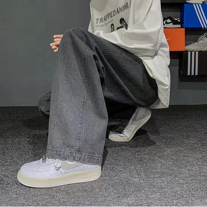 Nuevos pantalones vaqueros coreanos holgados para hombre, de calle, rectos, de mezclilla, de pierna ancha, Hip Hop, holgados, azul claro, gris, negro