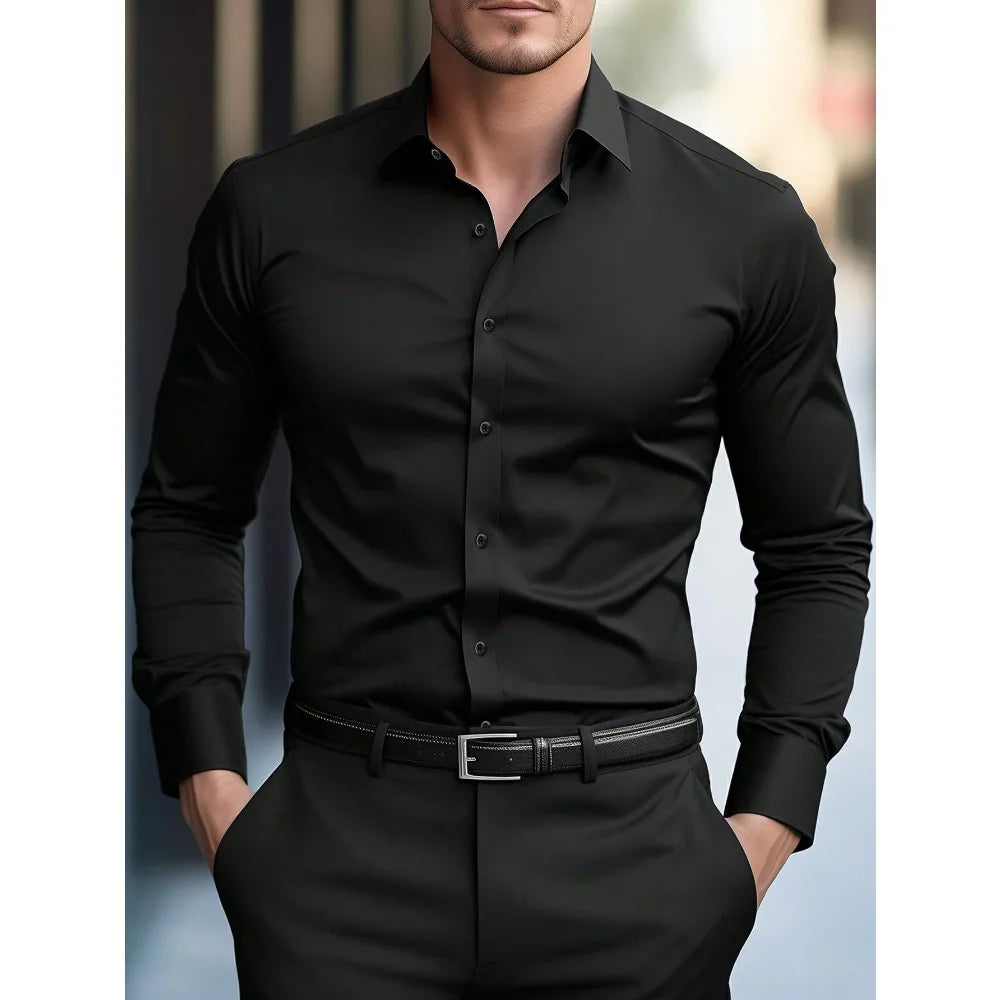 Camisas de negocios para hombre elásticas para las cuatro estaciones, de manga larga, de color sólido, elegantes, informales, de la marca 2025