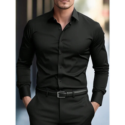 Camisas de negocios para hombre elásticas para las cuatro estaciones, de manga larga, de color sólido, elegantes, informales, de la marca 2025