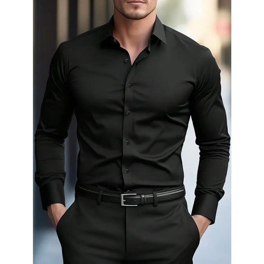 Camisas de negocios para hombre elásticas para las cuatro estaciones, de manga larga, de color sólido, elegantes, informales, de la marca 2025