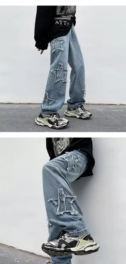 Pantalones de mezclilla marrones 2025 New Fashion Stars Towel Embroidery para hombre Y2K Ropa Pantalones rectos de algodón Hip Hop Pantalones de hombre