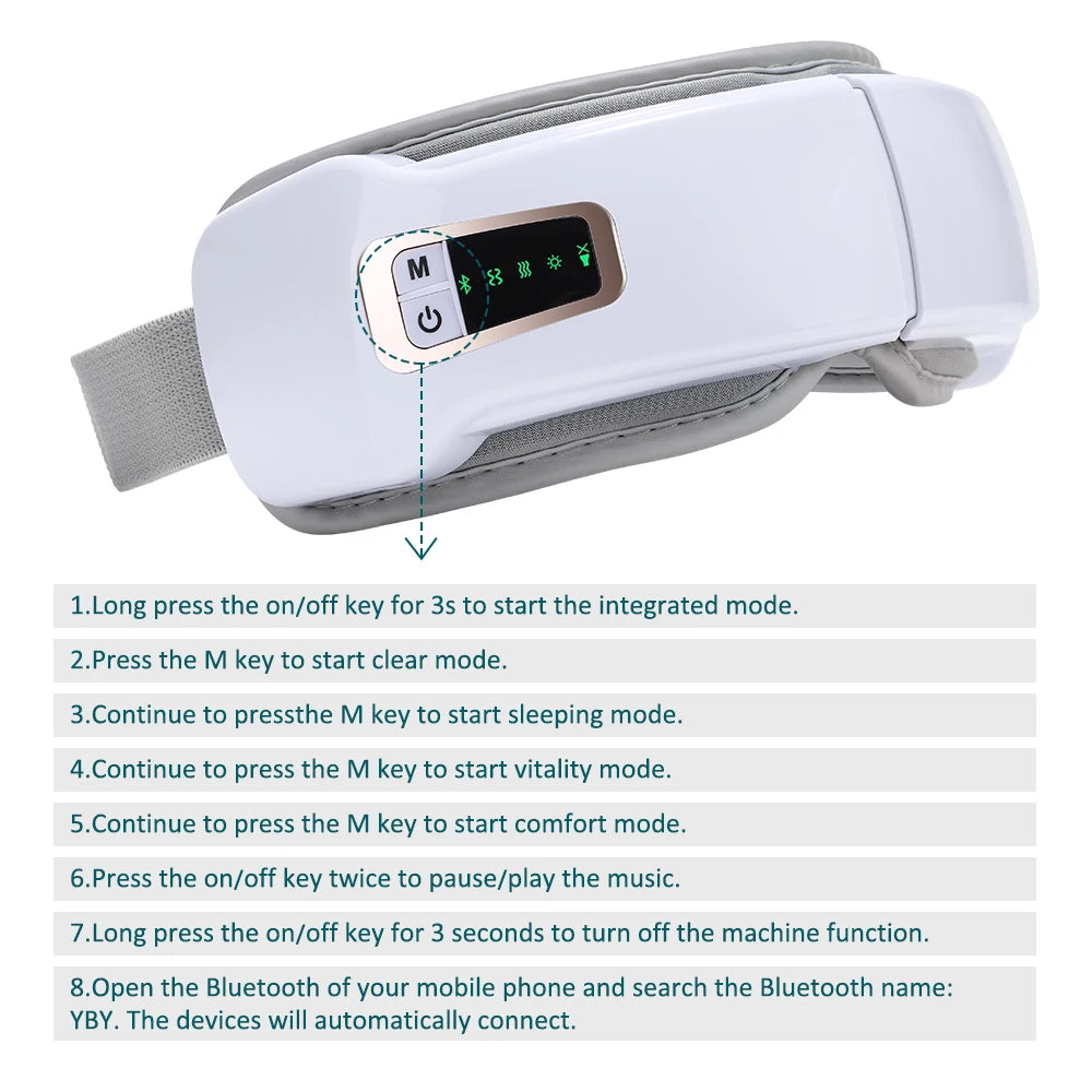 Masajeador ocular eléctrico Compresa caliente Alivio del estrés Calefacción Vibración Masaje Conectar música Relajación Cuidado ocular plegable Gafas inteligentes