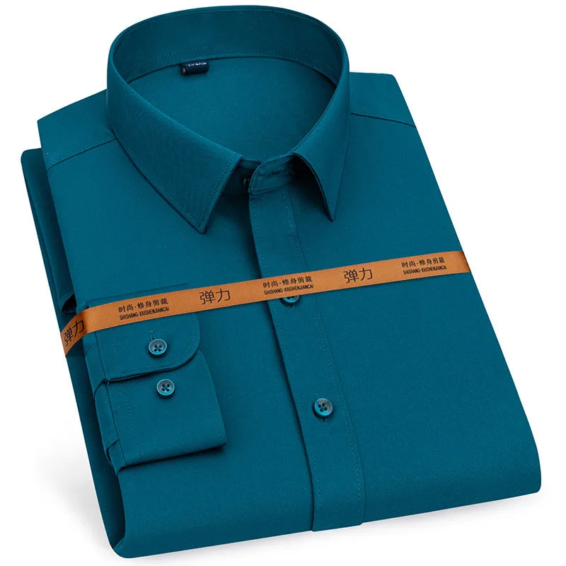 Camisa de vestir de hombre nueva manga larga delgada sin planchado negocios casual ajustada moda transpirable alta calidad color sólido