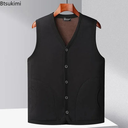 2026 Men's Autumn Winter Fashion V-neck Thickened Plus Velves Warm Vest Man Sleeveless Jackets Solid Slim Casual Waistcoat Male