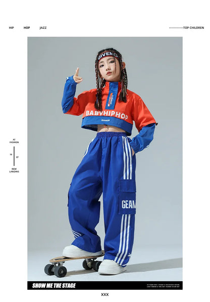 Chaqueta de hip hop para niños Pantalones cargo de contraste Sudaderas para niñas Conjuntos de ropa de baile callejero Chándal para niños Ropa urbana infantil