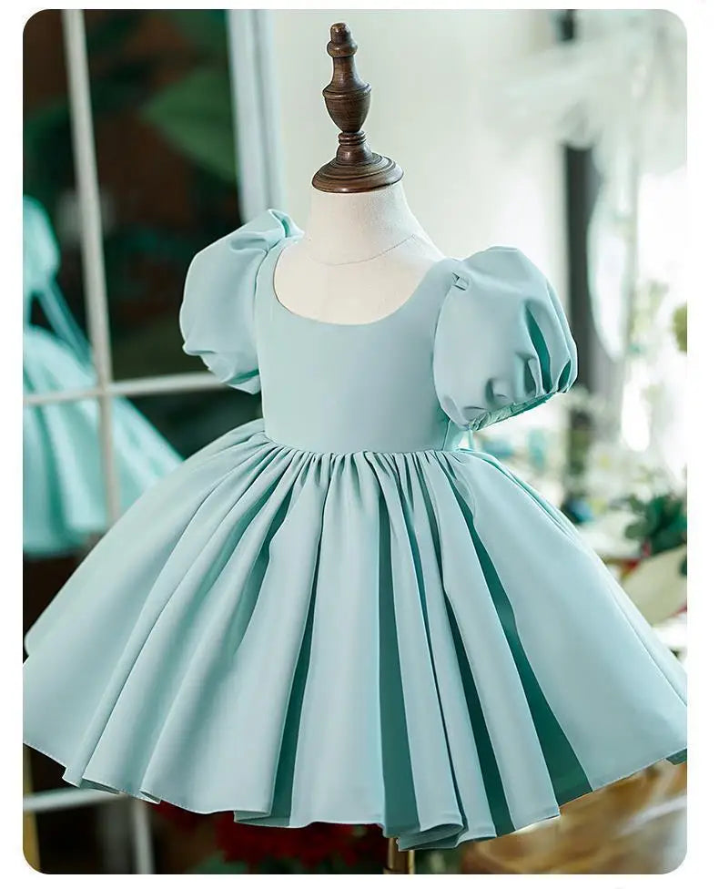 Nuevo vestido de fiesta de cumpleaños para niña con mangas de burbuja de color sólido, vestido de princesa para anfitriona infantil, vestido de boda floral abullonado para niños