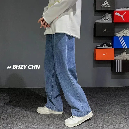 Nuevos pantalones vaqueros coreanos holgados para hombre, de calle, rectos, de mezclilla, de pierna ancha, Hip Hop, holgados, azul claro, gris, negro