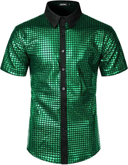 Men's Shiny Shirts Short Sleeve Shirts Nightclub Prom Disco Party Costume Button Blouse Casual Retro Cosplay Shirts Tops for Men
