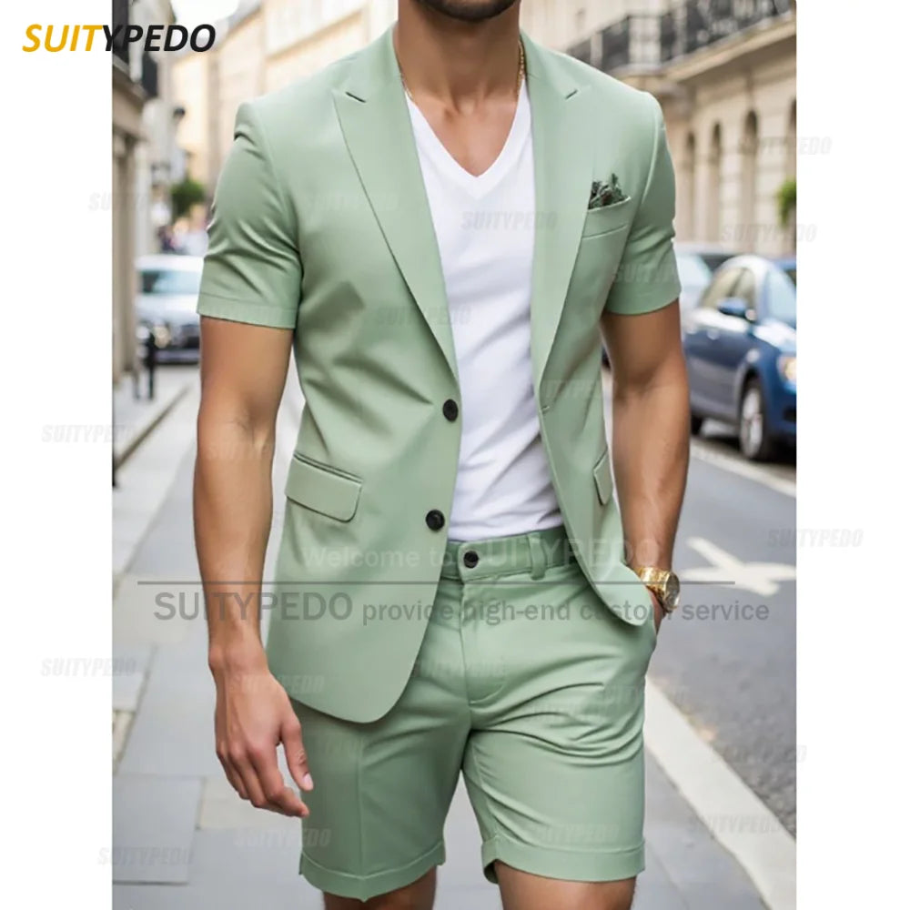 Traje de verano de nuevo estilo para hombre, 2 piezas, blazer de manga corta y pantalones cortos, de un solo botón, para uso diario, solapa de muesca, trajes de fiesta y graduación