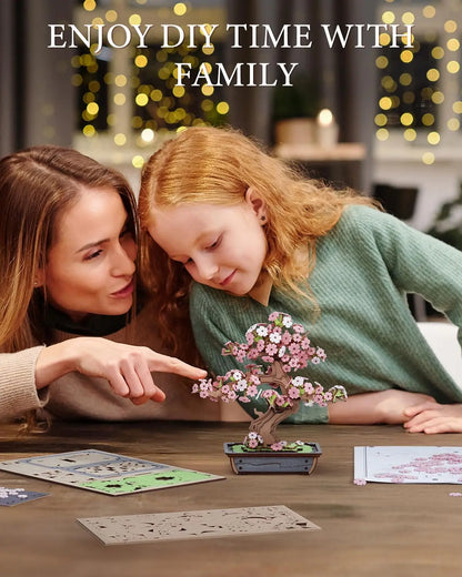 Robotime Rolife 3D Rompecabezas de Madera de Bonsái de Sakura Fácil Montaje Kit de Bonsái de Pino de Hoja Perenne Regalo de Navidad para la Familia Decoración del Hogar