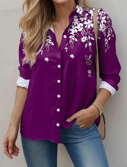 Camisas de manga larga para mujer con estampado floral, nueva blusa de calle con estampado de flores 3D para mujer, camisa informal para todas las estaciones.