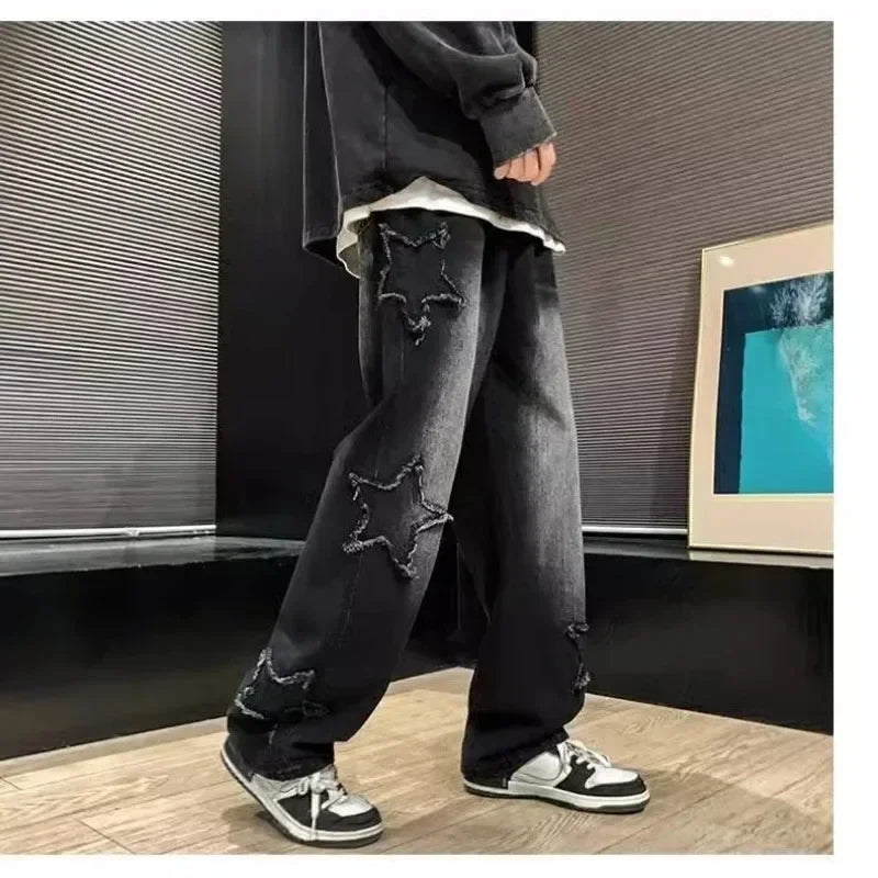 Pantalones de mezclilla marrones 2025 New Fashion Stars Towel Embroidery para hombre Y2K Ropa Pantalones rectos de algodón Hip Hop Pantalones de hombre