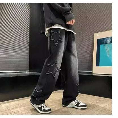 Pantalones de mezclilla marrones 2025 New Fashion Stars Towel Embroidery para hombre Y2K Ropa Pantalones rectos de algodón Hip Hop Pantalones de hombre