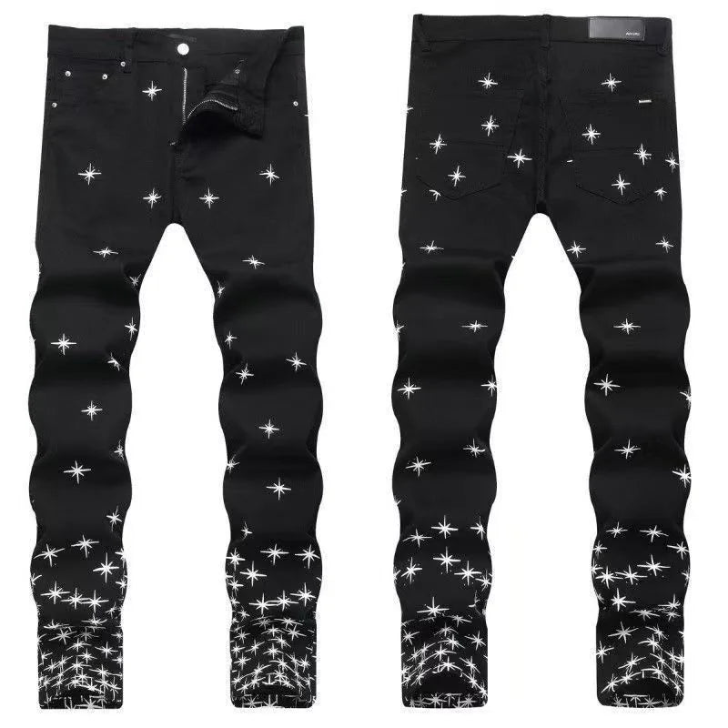 Pantalones vaqueros de hombre elásticos de tubo recto con estampado retro, tendencia de moda de otoño e invierno, vaqueros cómodos deportivos casuales de alta calidad