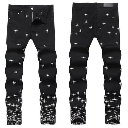 Pantalones vaqueros de hombre elásticos de tubo recto con estampado retro, tendencia de moda de otoño e invierno, vaqueros cómodos deportivos casuales de alta calidad