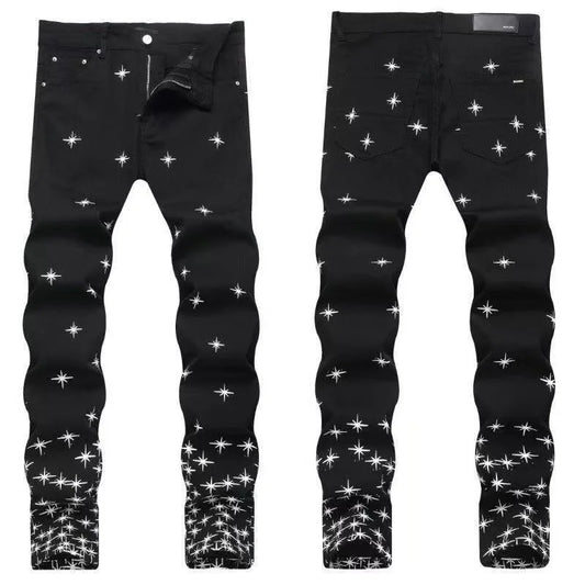 Pantalones vaqueros de hombre elásticos de tubo recto con estampado retro, tendencia de moda de otoño e invierno, vaqueros cómodos deportivos casuales de alta calidad