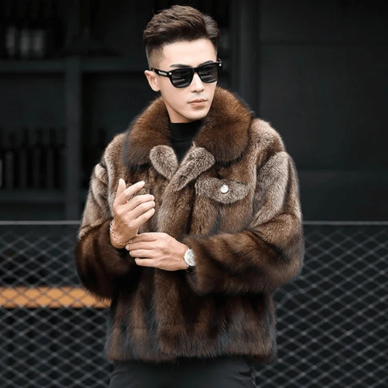 Abrigo de Piel de Visón de Lujo para Hombre, Chaqueta de Abrigo de Piel de Zorro Gruesa de Invierno, Abrigo de Piel Corto, de Moda y Cómodo, con Cuello Doblado