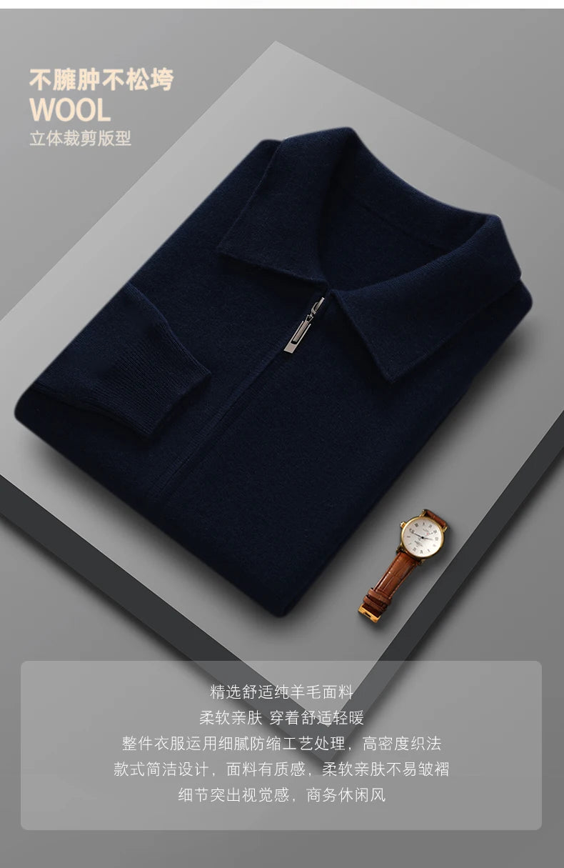 Suéter 100% Lana Merino para Hombre, Cuello Polo, Cierre de Cremallera, Cártigan de Negocios, Chaqueta de Cachemira, Tejido para Otoño Invierno