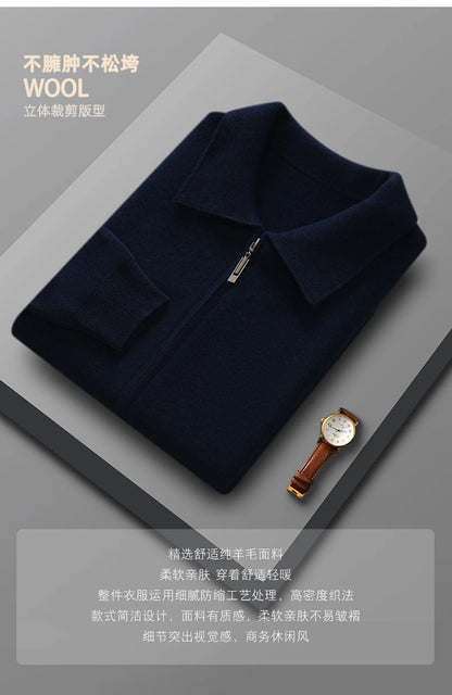Suéter 100% Lana Merino para Hombre, Cuello Polo, Cierre de Cremallera, Cártigan de Negocios, Chaqueta de Cachemira, Tejido para Otoño Invierno