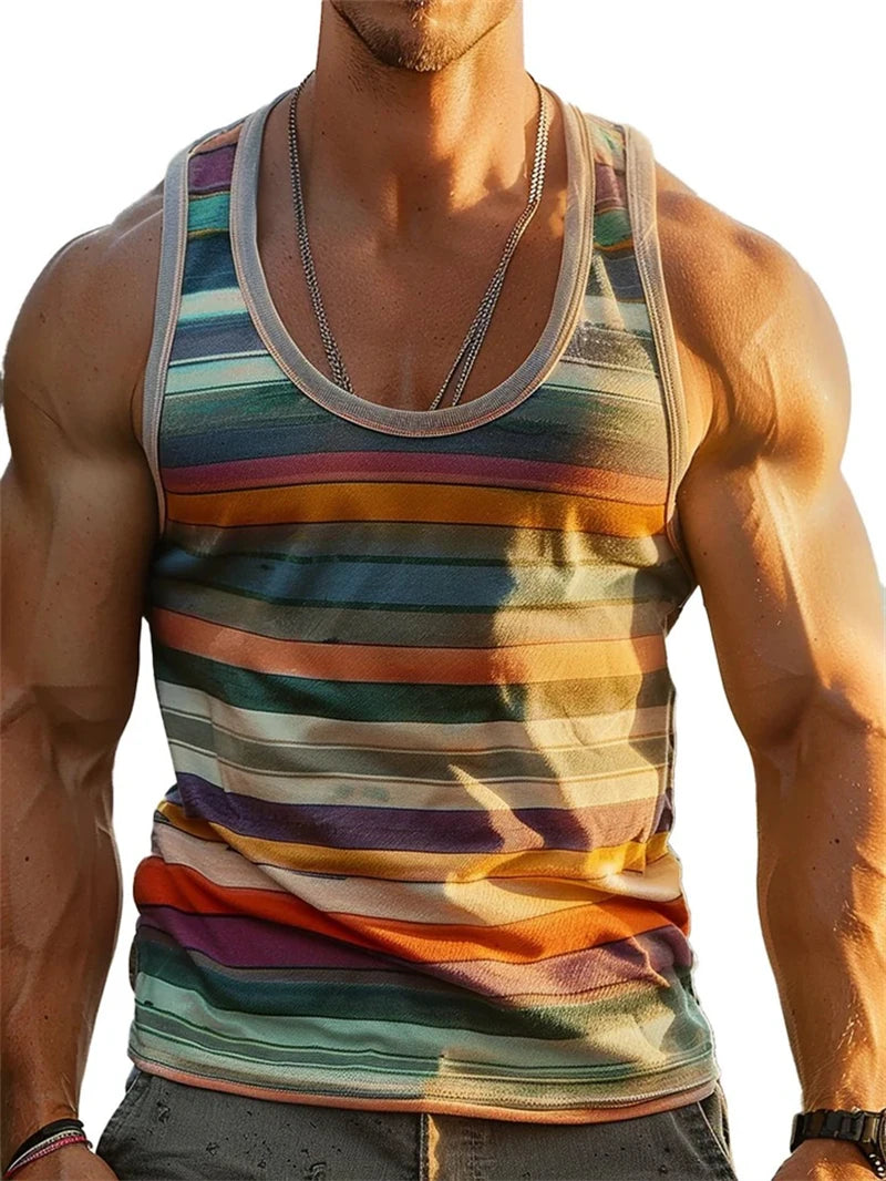 Camisetas sin mangas con estampado de rayas retro para hombre, estilo casual de verano sin mangas con estampado 3D, chaleco suelto de secado rápido, transpirable