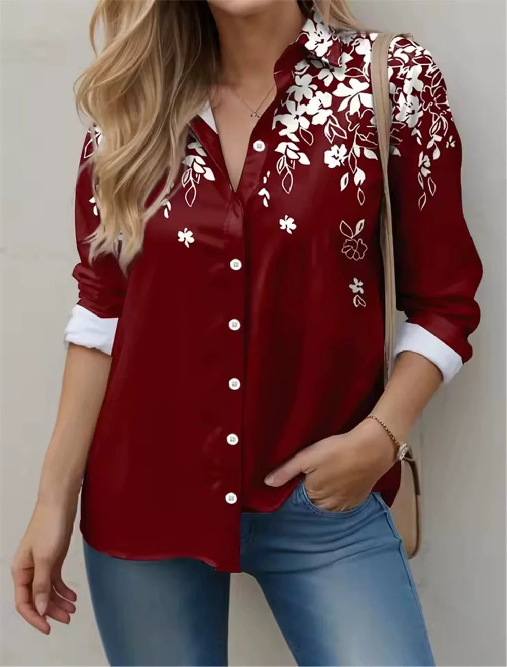 Camisas de manga larga para mujer con estampado floral, nueva blusa de calle con estampado de flores 3D para mujer, camisa informal para todas las estaciones.