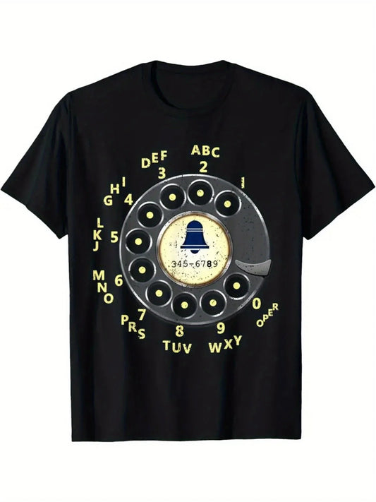 1pc Retro Dial Phone Graphic Men's T-Shirt, 100% Cotton Crew Neck Tee with Funny Telephone Design - Short Sleeve