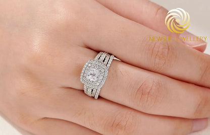 Newshe Lujoso Juego de Anillos de Boda con Halo de Plata Esterlina 925 para Mujeres Elegante Joyería Anillos de Diamante de Princesa Simulados