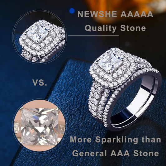 Newshe Lujoso Juego de Anillos de Boda con Halo de Plata Esterlina 925 para Mujeres Elegante Joyería Anillos de Diamante de Princesa Simulados