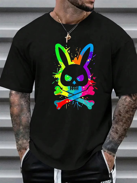 Camiseta de hombre de verano de algodón puro, a la moda, casual, holgada, con estampado de calavera y conejo, cuello redondo, manga corta, para deporte