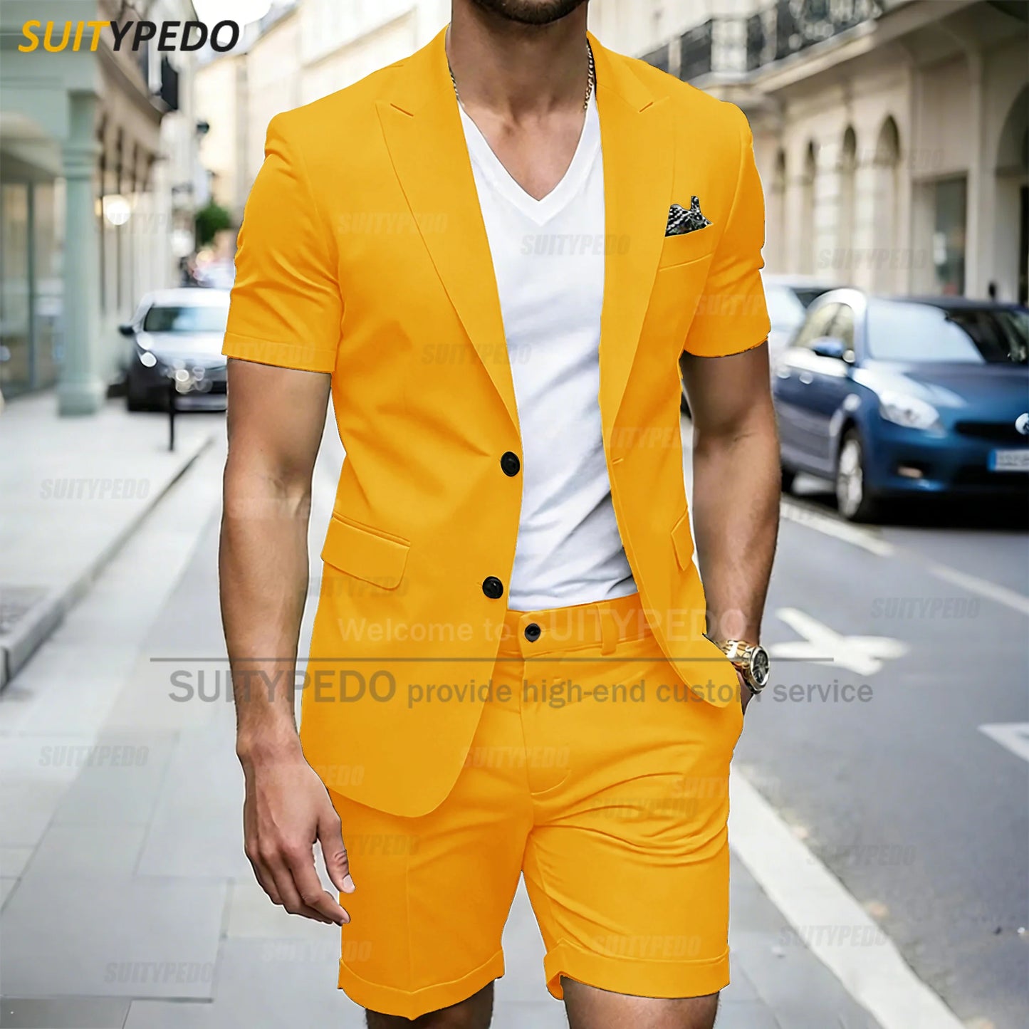 Traje de verano de nuevo estilo para hombre, 2 piezas, blazer de manga corta y pantalones cortos, de un solo botón, para uso diario, solapa de muesca, trajes de fiesta y graduación