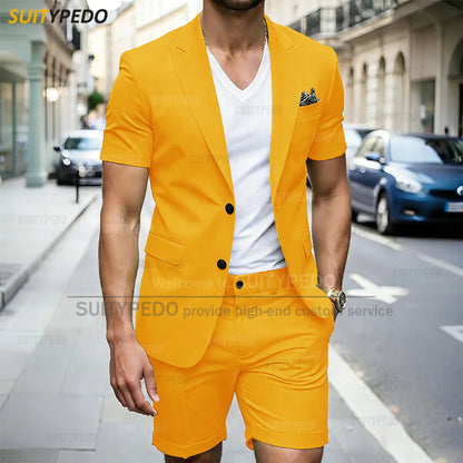 Traje de verano de nuevo estilo para hombre, 2 piezas, blazer de manga corta y pantalones cortos, de un solo botón, para uso diario, solapa de muesca, trajes de fiesta y graduación