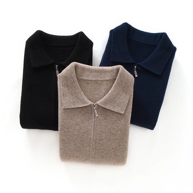 Suéter 100% Lana Merino para Hombre, Cuello Polo, Cierre de Cremallera, Cártigan de Negocios, Chaqueta de Cachemira, Tejido para Otoño Invierno