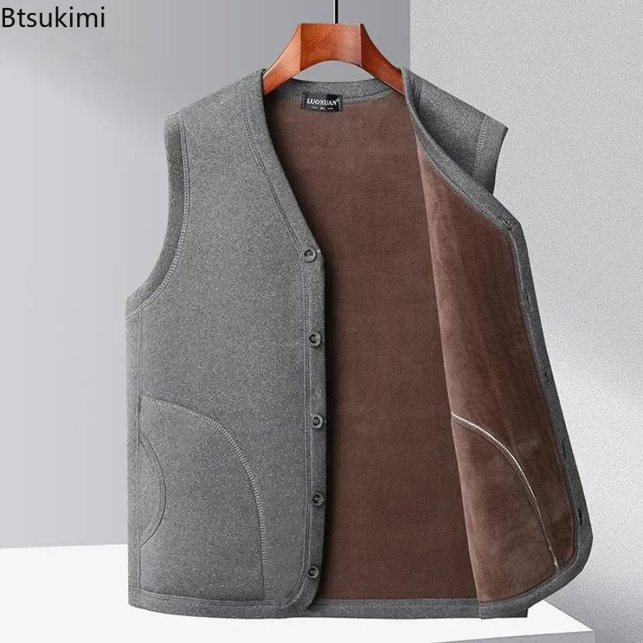 2026 Men's Autumn Winter Fashion V-neck Thickened Plus Velves Warm Vest Man Sleeveless Jackets Solid Slim Casual Waistcoat Male