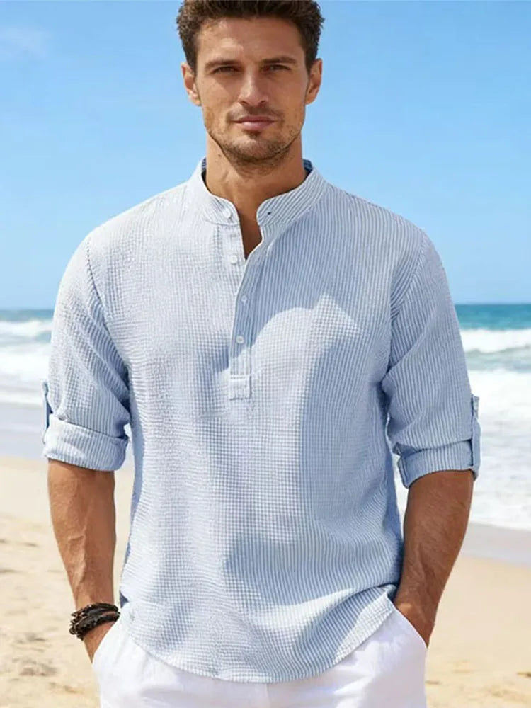 Spring Summer Men's Cotton Linen Polo Shirts Casual Long Sleeve Lightweight Henley Neck Solid Color Tops  Beach Shirts Fashion