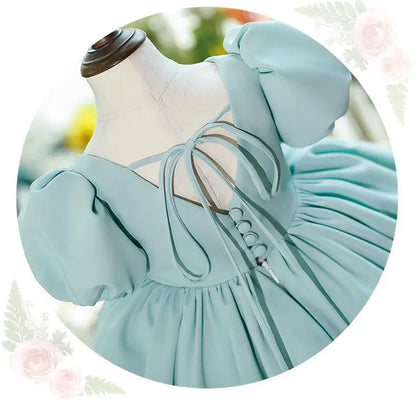Nuevo vestido de fiesta de cumpleaños para niña con mangas de burbuja de color sólido, vestido de princesa para anfitriona infantil, vestido de boda floral abullonado para niños