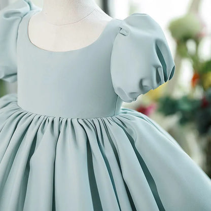 Nuevo vestido de fiesta de cumpleaños para niña con mangas de burbuja de color sólido, vestido de princesa para anfitriona infantil, vestido de boda floral abullonado para niños