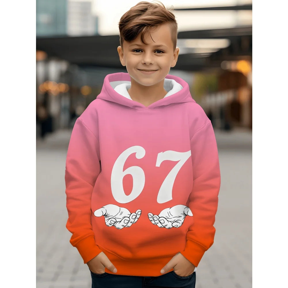Ropa infantil Sudadera con capucha divertida con el número "67" para niños, sudadera informal deportiva de manga larga con capucha y tops para niños