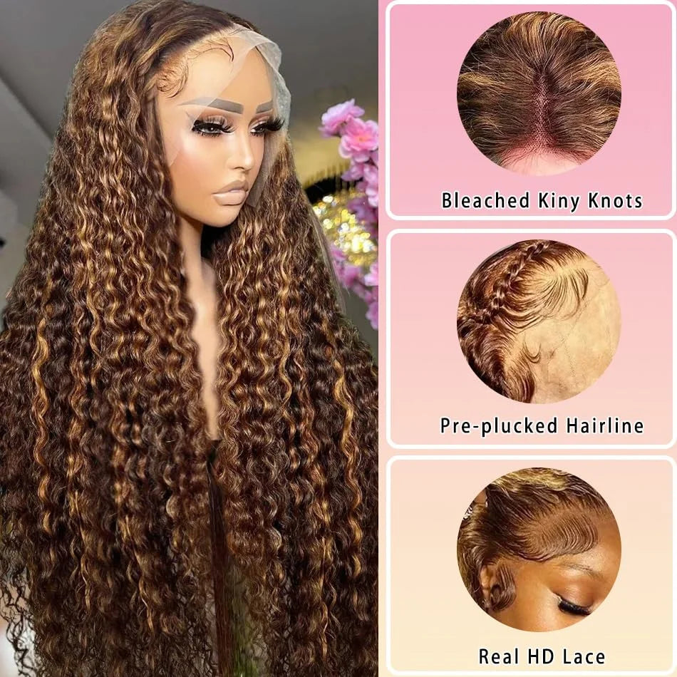 Deep Wave Honey Blonde Glueless Wig Human Hair Ready To Wear And Go Pre Plucked 13x6 Hd Water Curly Lace Frontal Wig For Women