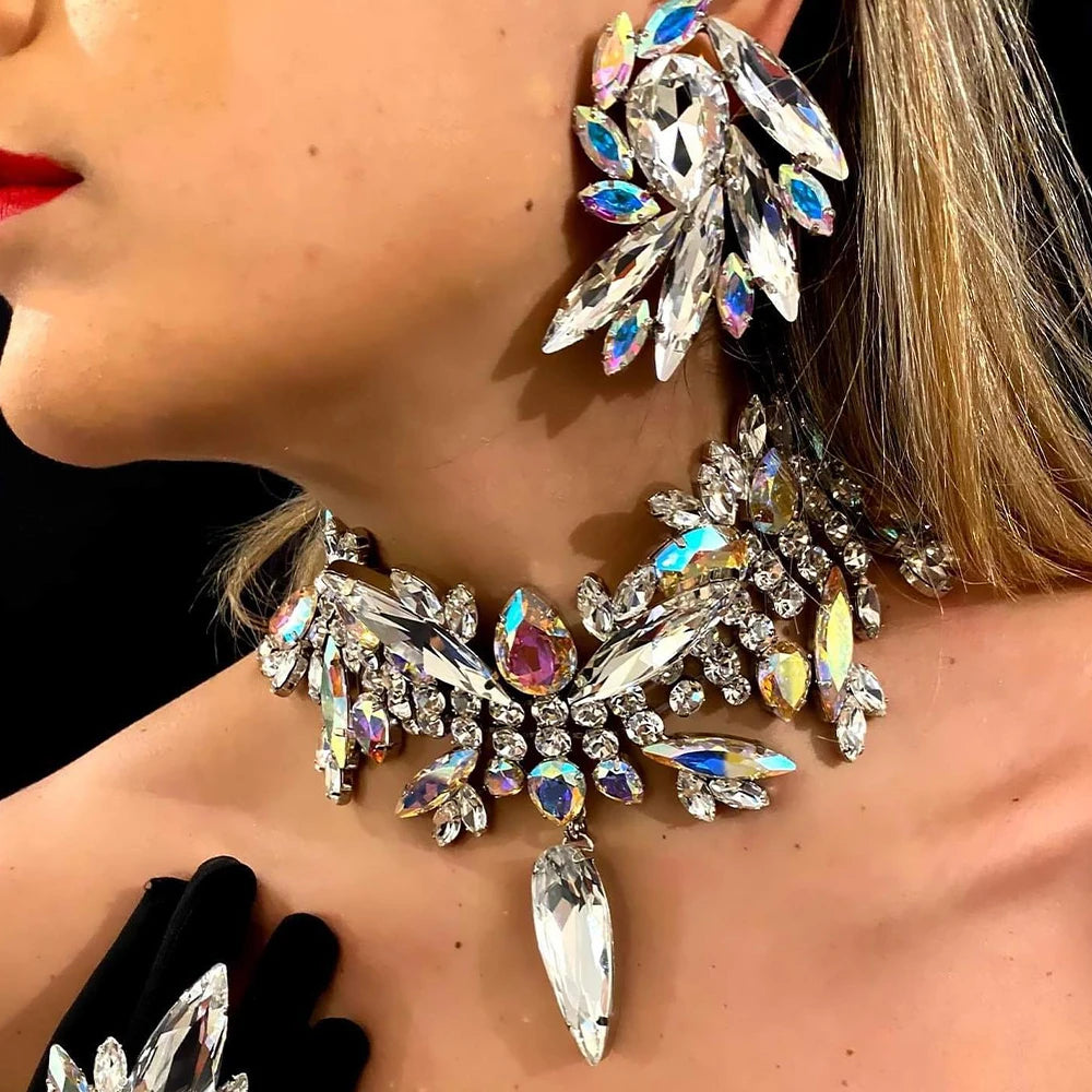 Stonefans Juego de collar y pendientes geométricos, accesorios de cristal para mujer, fiesta, bling, conjunto de joyas con pedrería, joyería