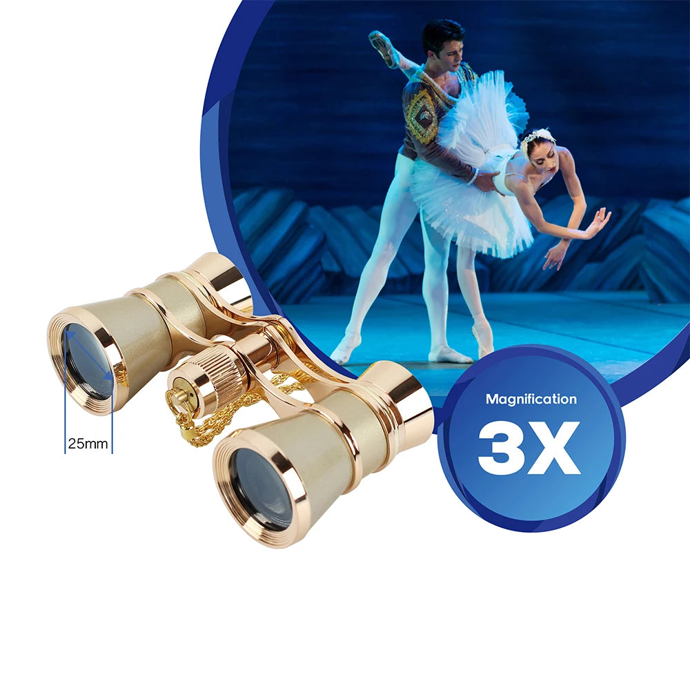 Prismáticos Gafas Ópera 3X25 Gafas Teatro Mini Prismáticos Compactos con Cadena para Adultos Mujeres Niños en Conciertos Musicales