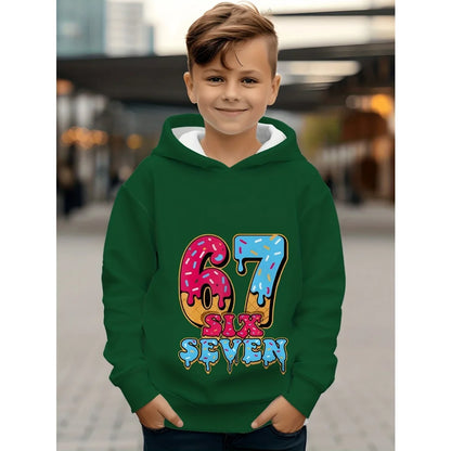 Ropa infantil Sudadera con capucha divertida con el número "67" para niños, sudadera informal deportiva de manga larga con capucha y tops para niños
