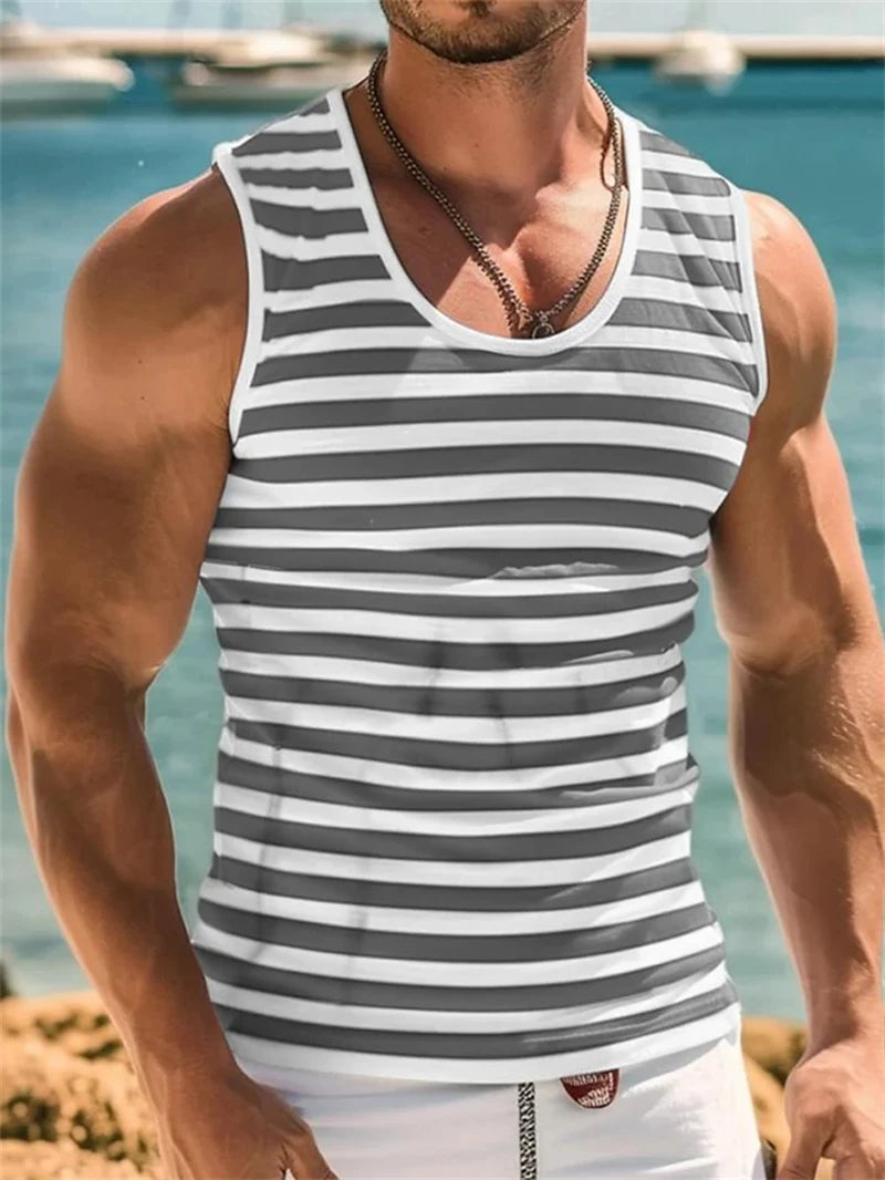 Camisetas sin mangas con estampado de rayas retro para hombre, estilo casual de verano sin mangas con estampado 3D, chaleco suelto de secado rápido, transpirable