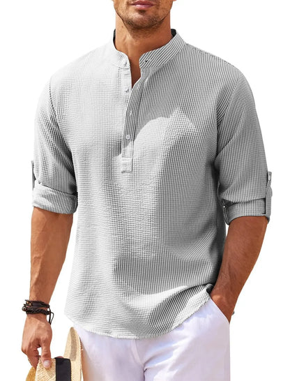 Spring Summer Men's Cotton Linen Polo Shirts Casual Long Sleeve Lightweight Henley Neck Solid Color Tops  Beach Shirts Fashion