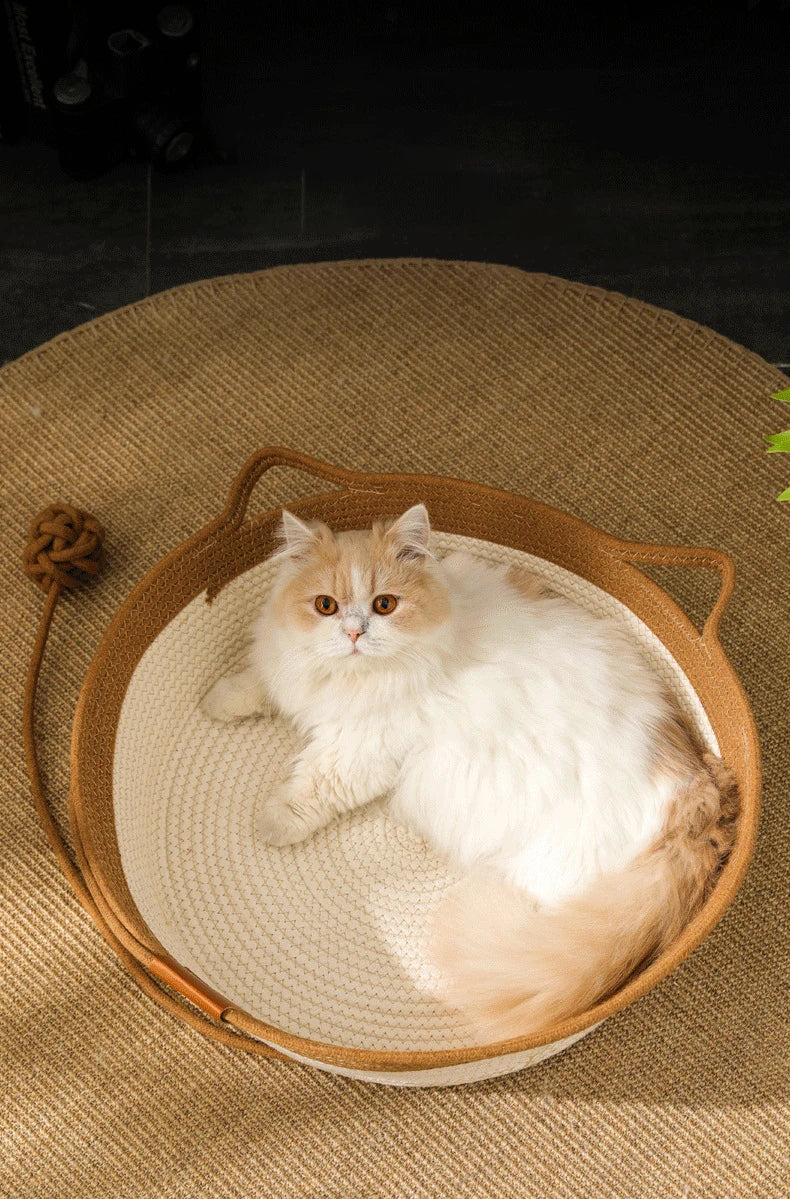 Cama para Gatos, Nido para Mascotas, Tejido de Ratán Puramente Manual, Tablero Rascador para Gatos de Enea, Almohadilla Cálida de Invierno Extraíble y Lavable para Todas las Estaciones