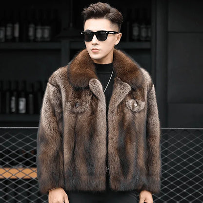 Abrigo de Piel de Visón de Lujo para Hombre, Chaqueta de Abrigo de Piel de Zorro Gruesa de Invierno, Abrigo de Piel Corto, de Moda y Cómodo, con Cuello Doblado