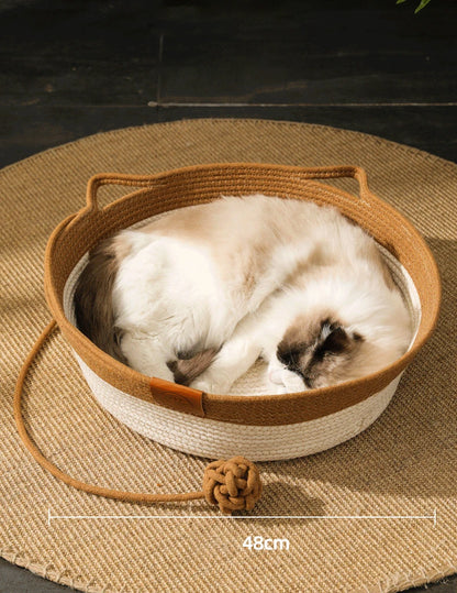 Cama para Gatos, Nido para Mascotas, Tejido de Ratán Puramente Manual, Tablero Rascador para Gatos de Enea, Almohadilla Cálida de Invierno Extraíble y Lavable para Todas las Estaciones
